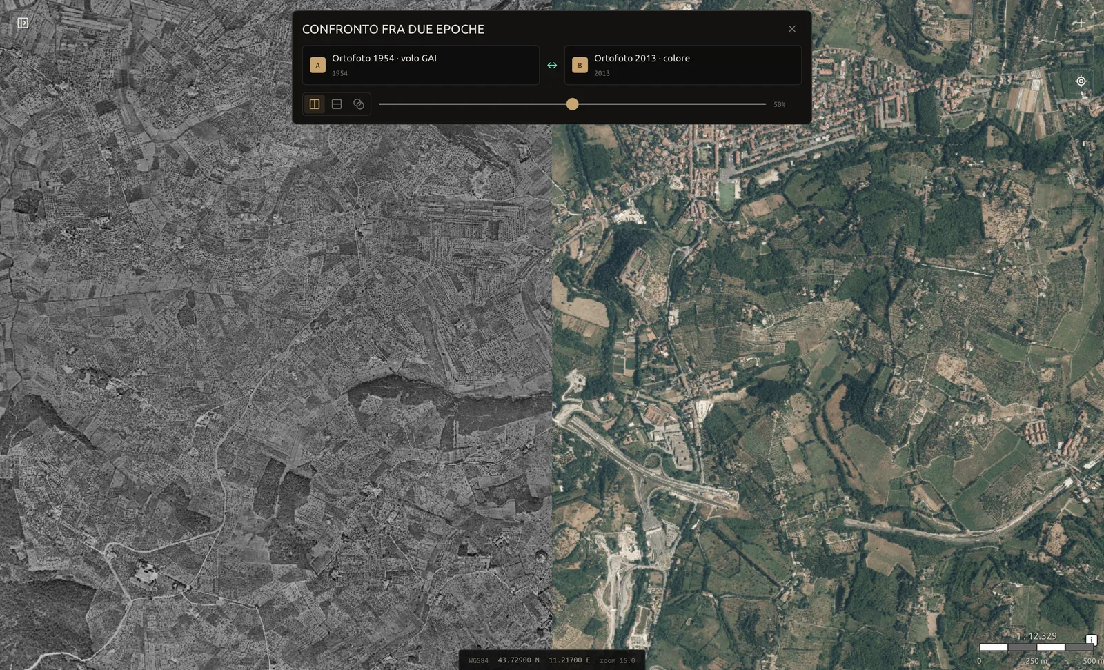 Actual Stratum Atlas interface comparing aerial photographs south of Florence